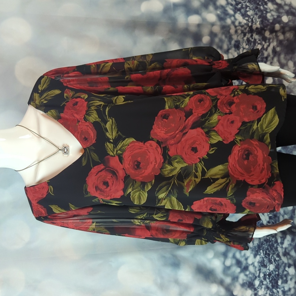 MSK Womens Floral Lined Smocked Cuff Balloon Sleeve V Neck Wear To Work Top sz L